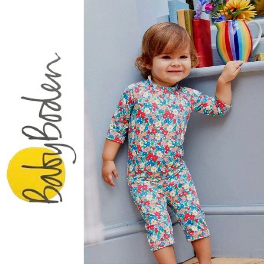 Baby Boden Pretty Surf Suit One-Piece Rashguard Floral Girls Swimsuit Size 3-6 M